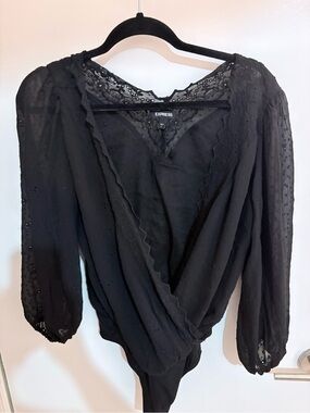 Express Black Lace-Detail Wrap Bodysuit Small